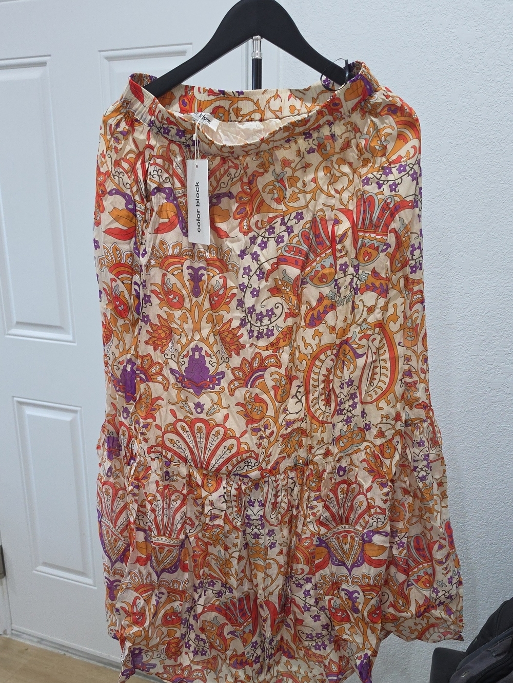 Color Block Women's Cream Paisley Maxi Skirt - Orange & Purple